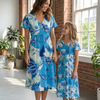 Elegant Blue Botanical Mommy & Me Dress Set