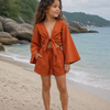 Girl’s Rust Orange Solid Cotton Beach Wear Set with Bell Sleeve Tie-Up Top & Tassel Shorts