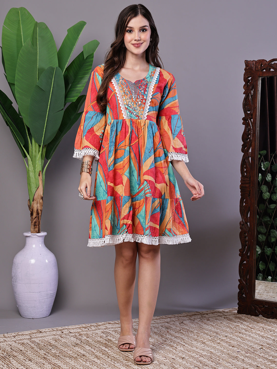 Aawari Vibrant Print Cotton Tunic Dress with Crochet Lace & Three-Quarter Sleeves - Midi Dresses / Western Wear