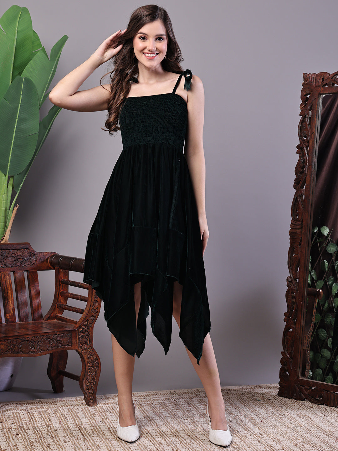 Aawari Bottle Green Junglee Pattern Velvet Handkerchief Hem Dress - Midi Dresses / Western Wear