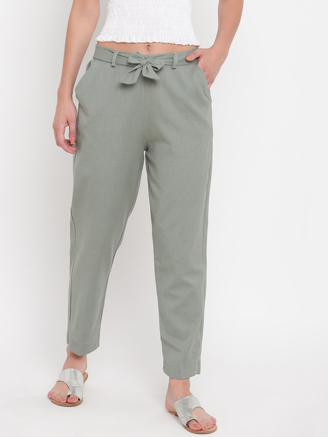 Aawari's Women Cotton Solid Belt Pants