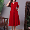 Aawari Red Velvet Shirt Style Midi Dress with Belt - Midi Dresses / Western Wear / Dresses