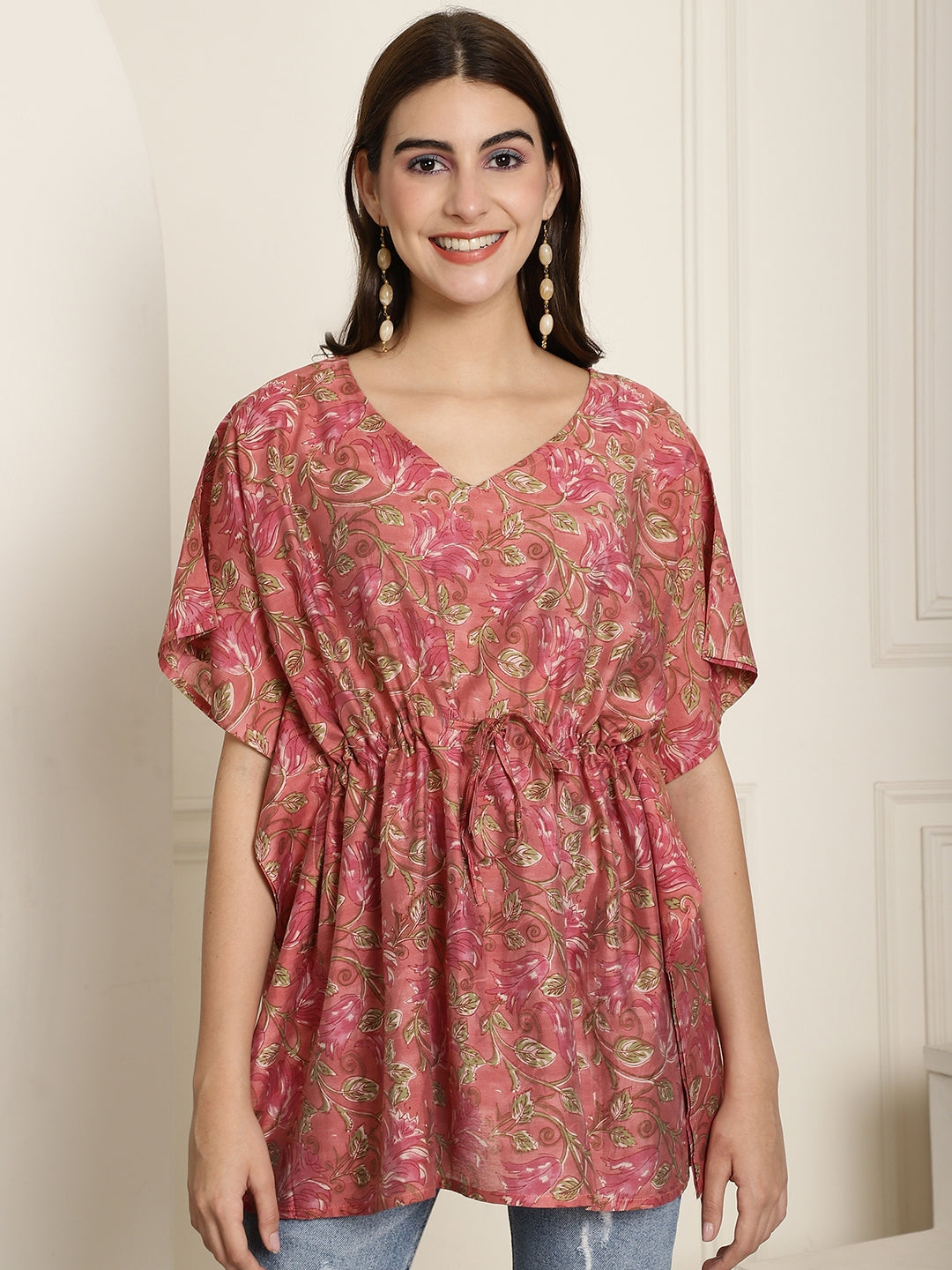 Aawari Rose Pink Floral Printed Chanderi Short Kaftaan Top