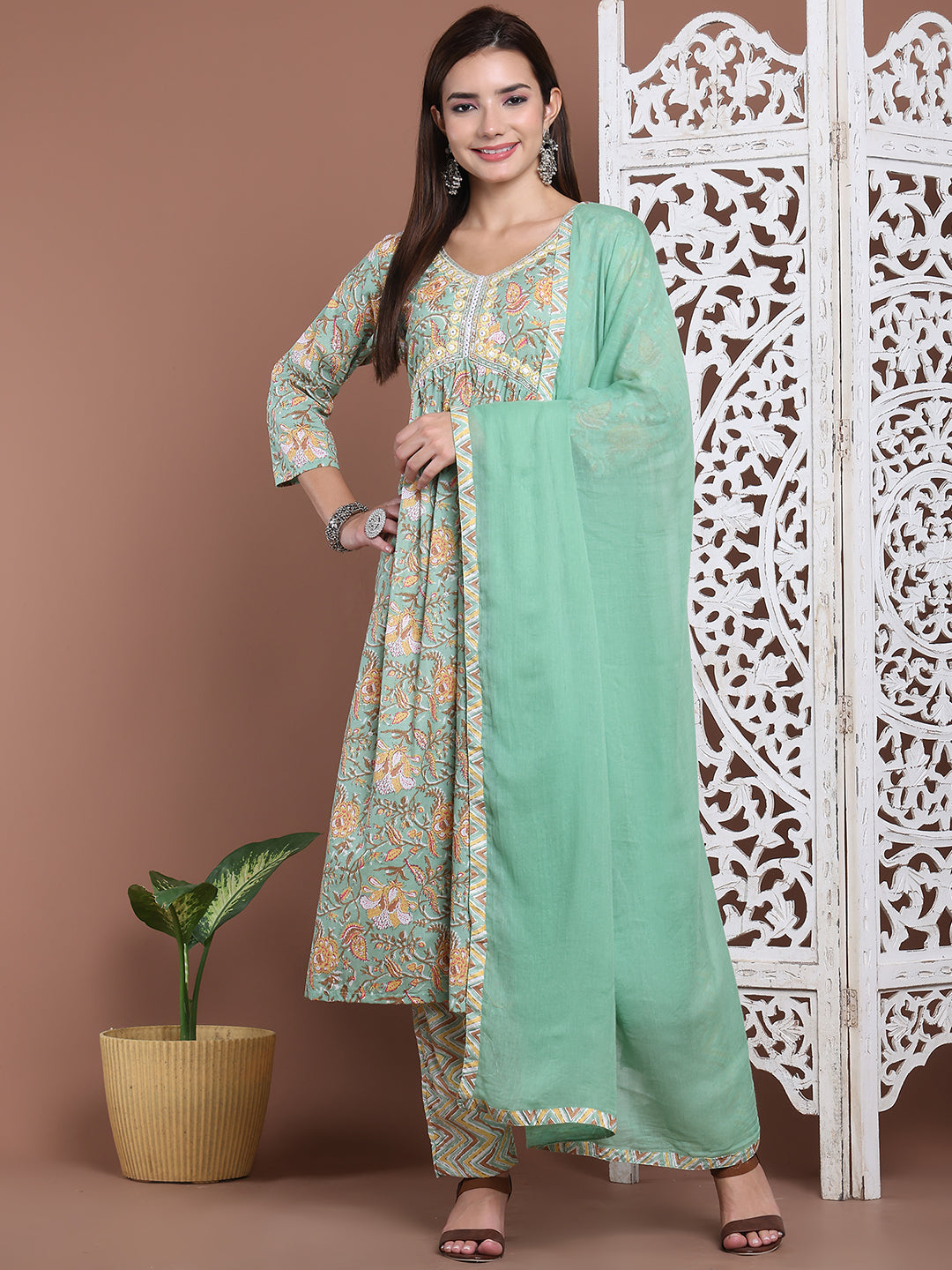 Aawari Cotton Printed Three Piece Suit Set