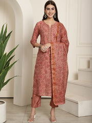 Aawari Women Printed Brown Moelleux Three Piece Suit Set
