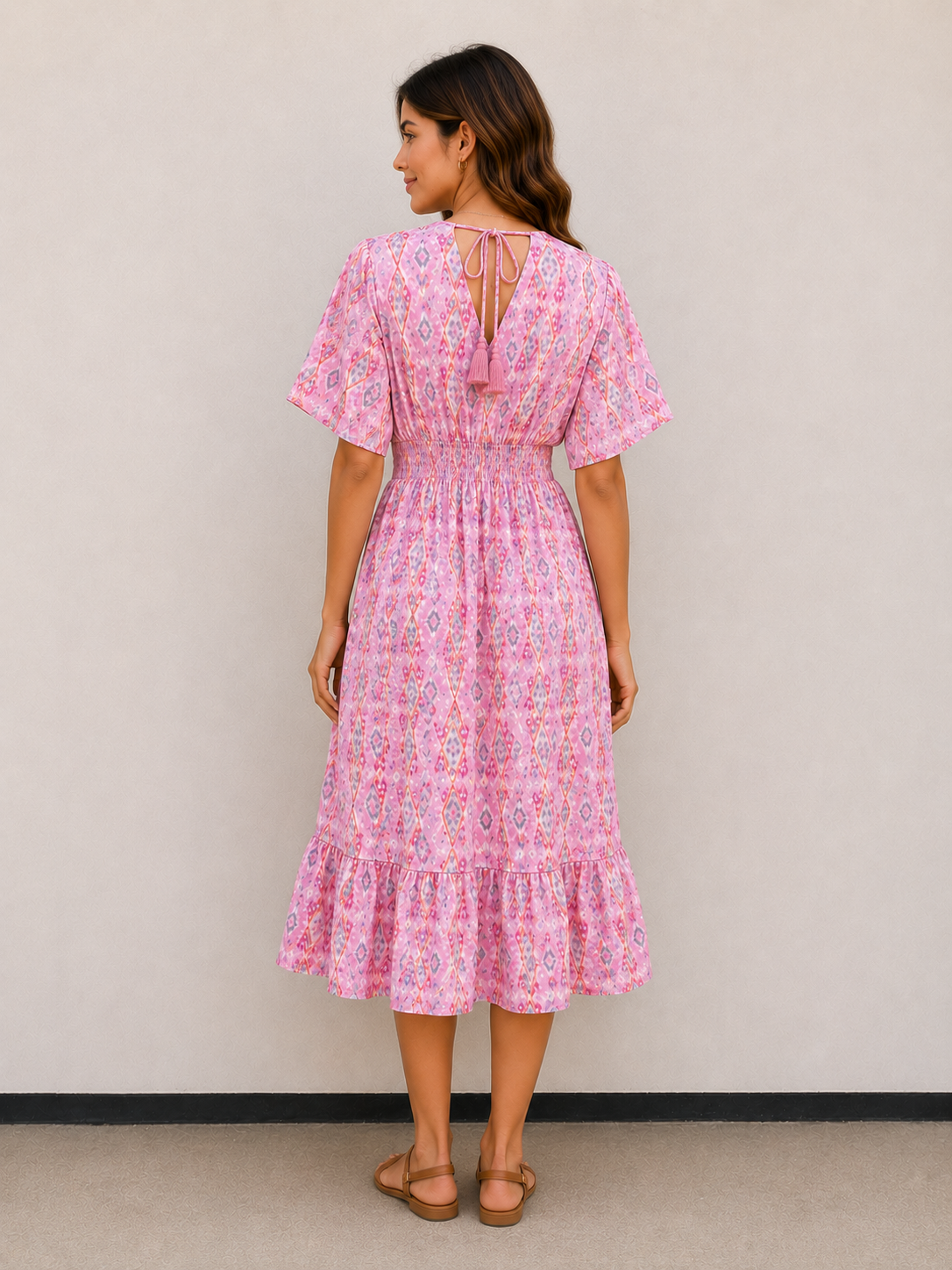 Women’s Pink Ethnic Printed Smocked Waist Tiered Flared Midi Dress