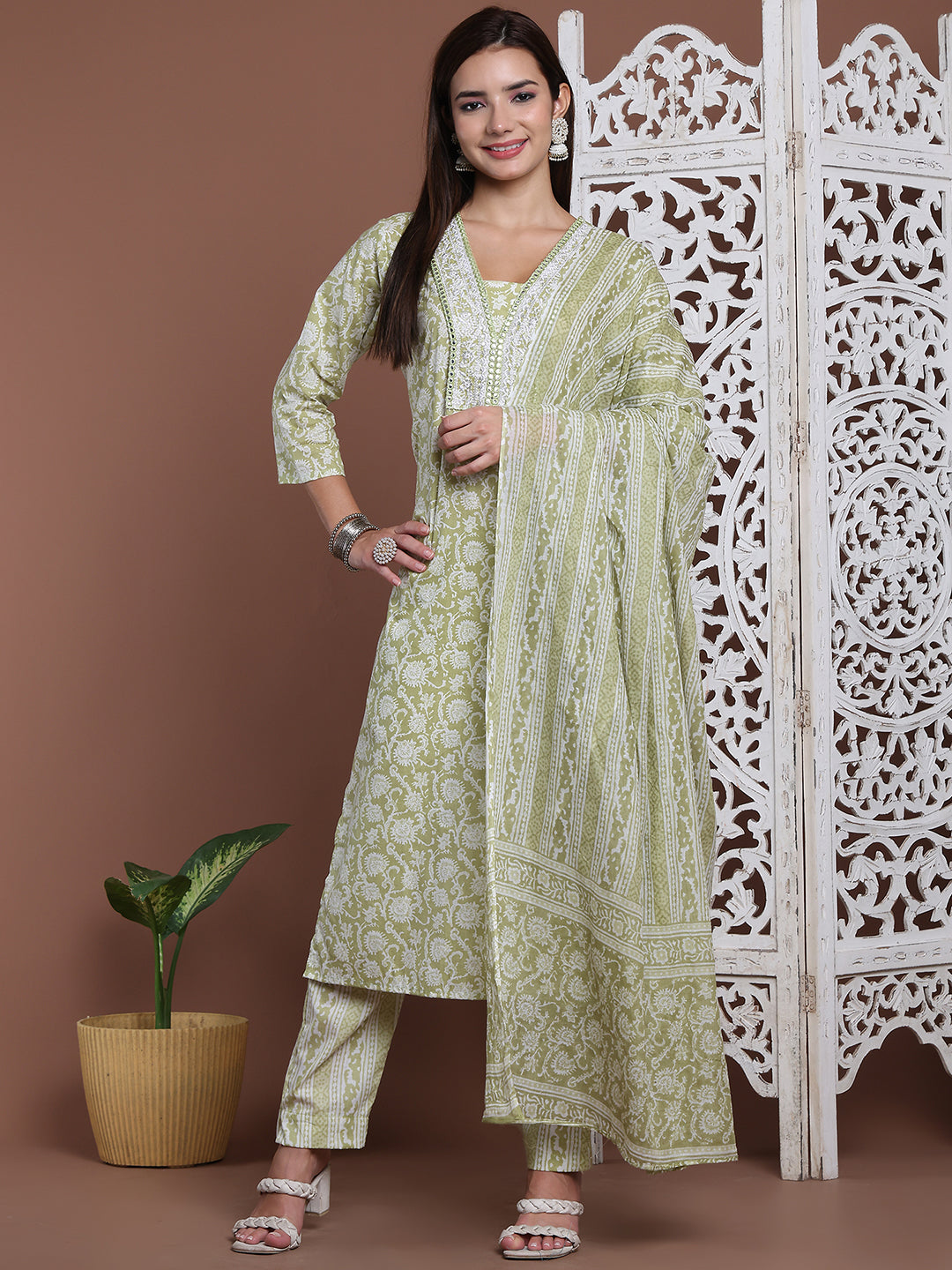 Aawari Cotton Printed Three Piece Suit Set