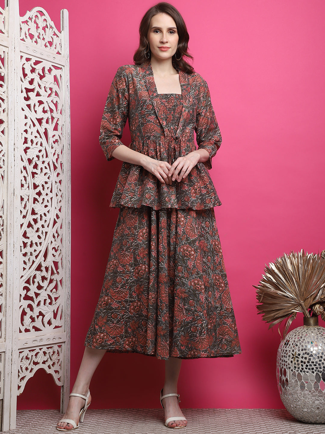 Aawari Women Chanderi Printed Dress With Shrug