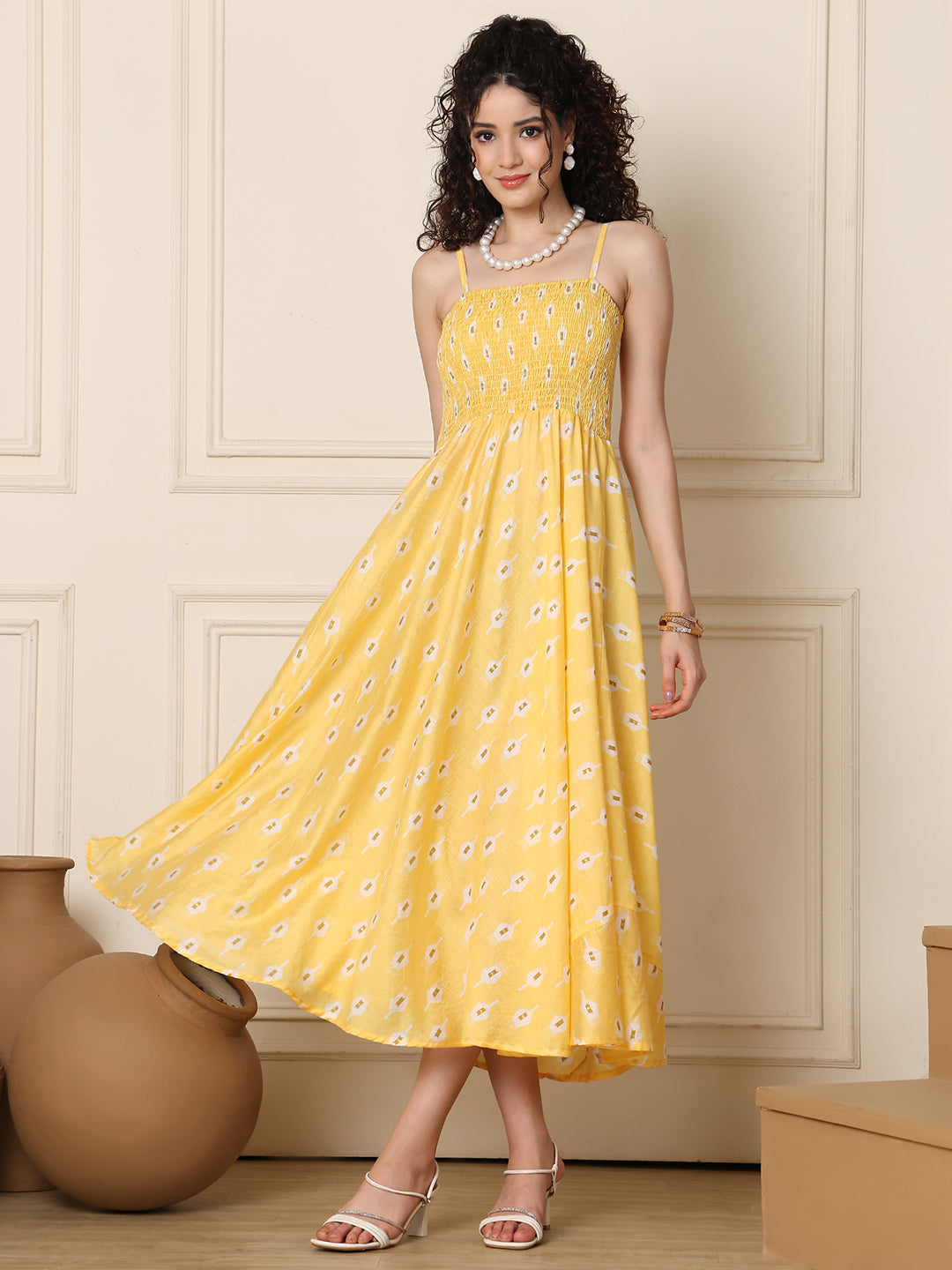 Aawari Silk Unique Printed Spaghetti Strap Dress - Western wear