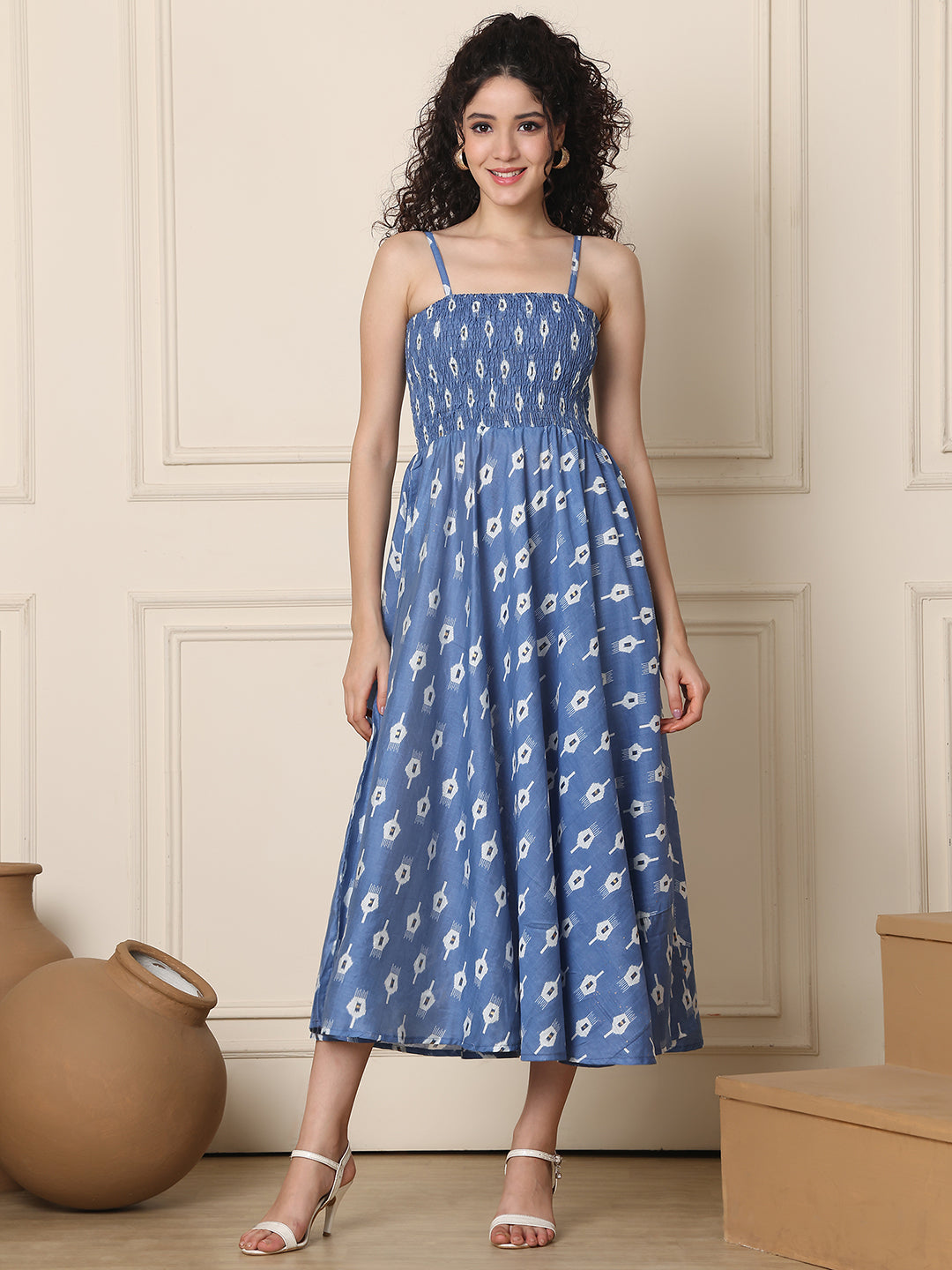 Aawari Silk Unique Printed Spaghetti Strap Dress - Western wear