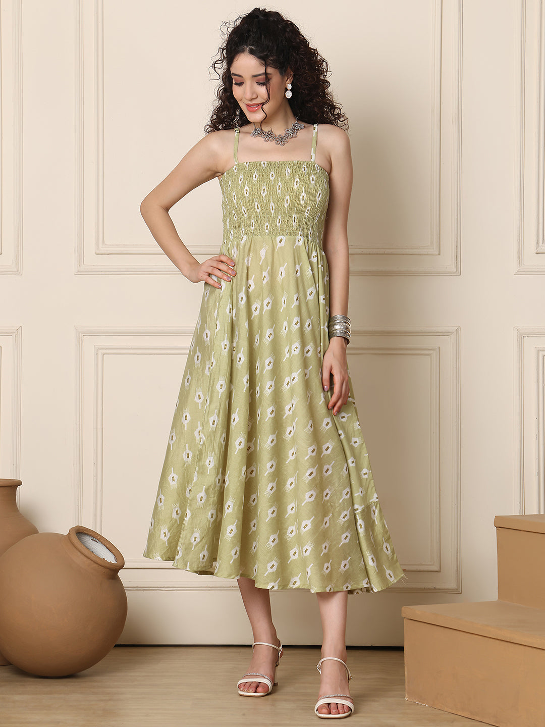Aawari Silk Unique Printed Spaghetti Strap Dress - Western wear
