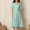 Aawari Aqua Blue ZigZag Print Shirt Dresses With Waist Belt / Western Wear