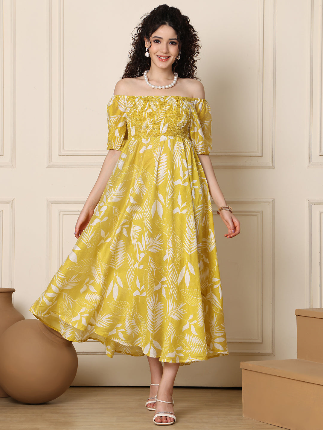 Aawari Unique Cotton Printed Off Shoulder Dress