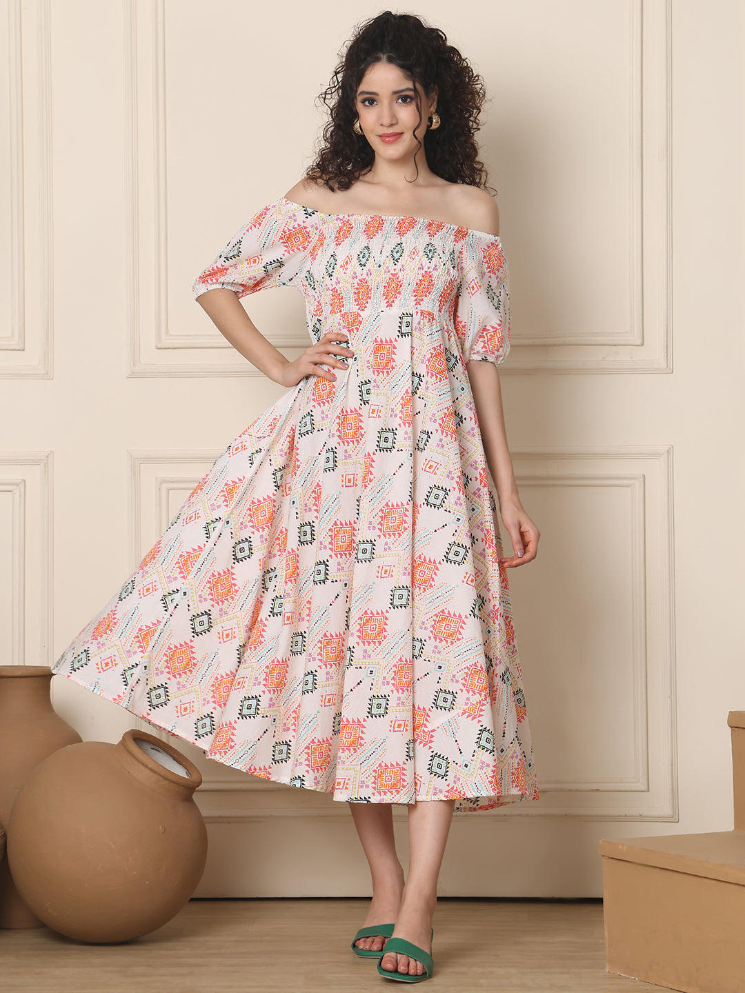 Aawari Unique Cotton Printed Off Shoulder Dress