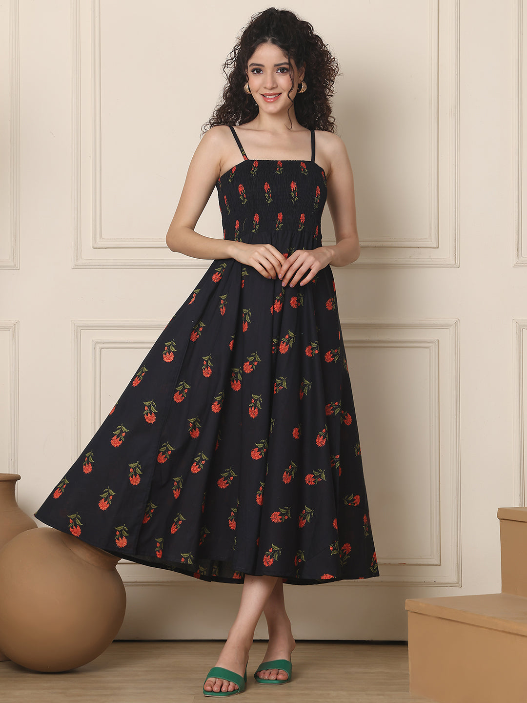 Aawari Cotton Unique Printed Spaghetti Strap Dress - Western Wear