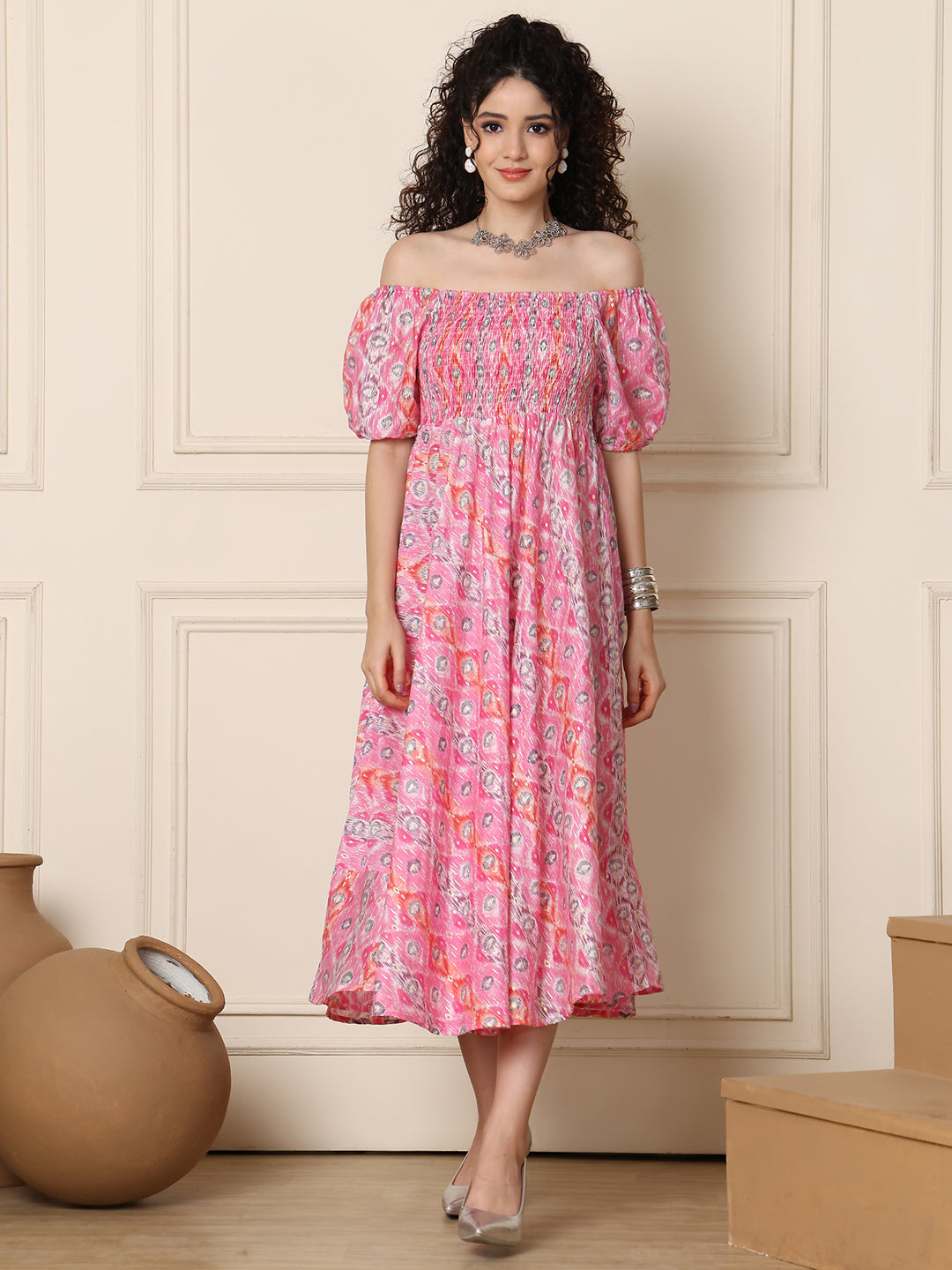 Aawari Chanderi Unique Printed Off Shoulder Dress