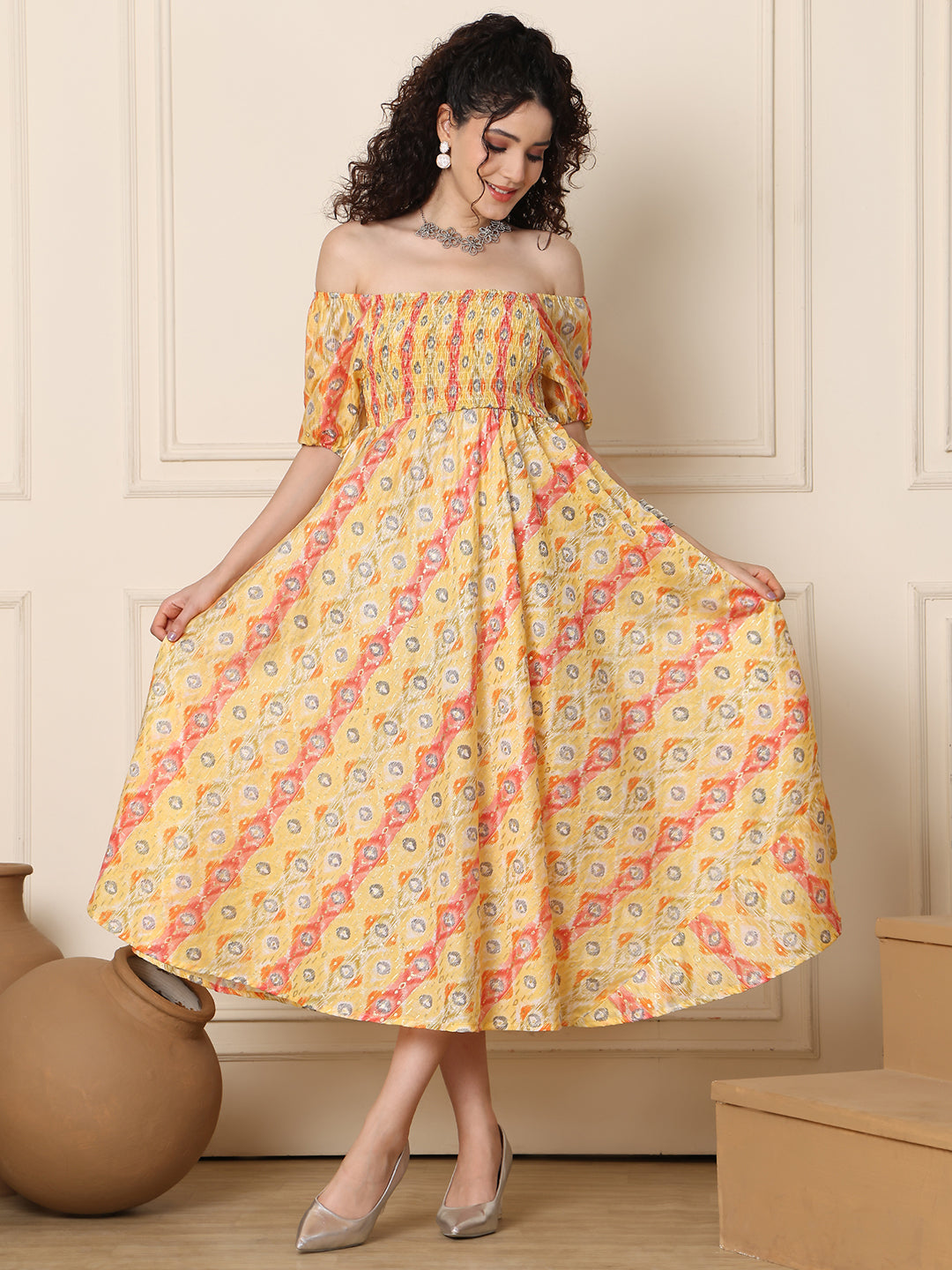 Aawari Chanderi Unique Printed Off Shoulder Dress