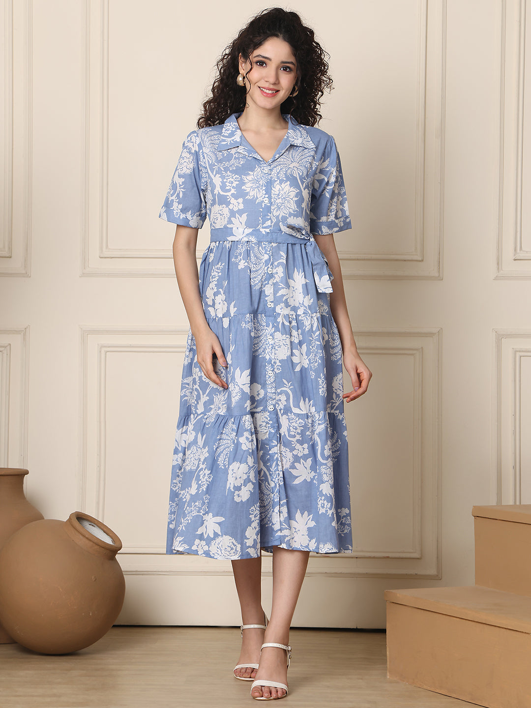 Aawari Cotton Printed Shirt Collar Dress