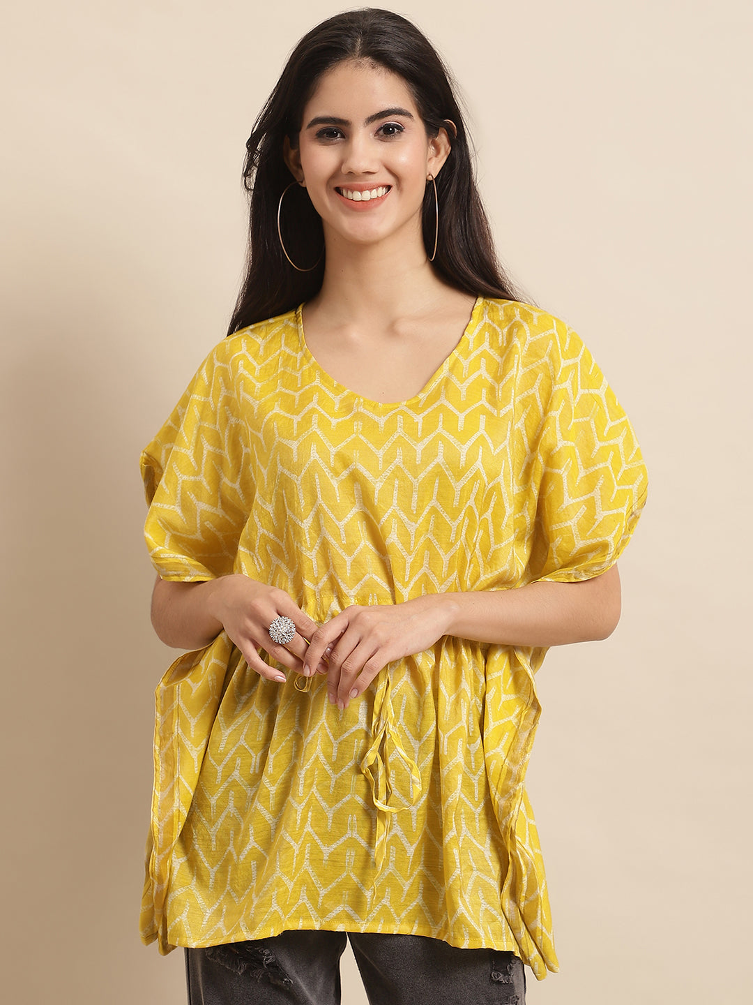 Chanderi Yellow Geometric Printed Kaftan Top With Bell Sleeve 