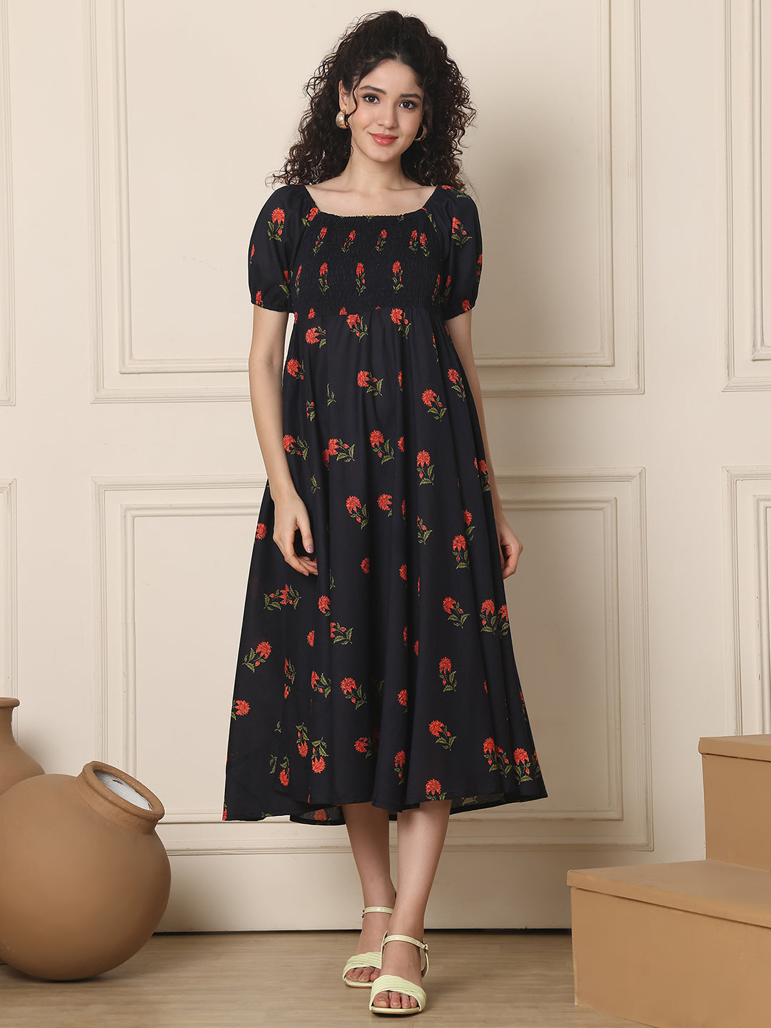 Aawari Unique Cotton Printed Off Shoulder Dress