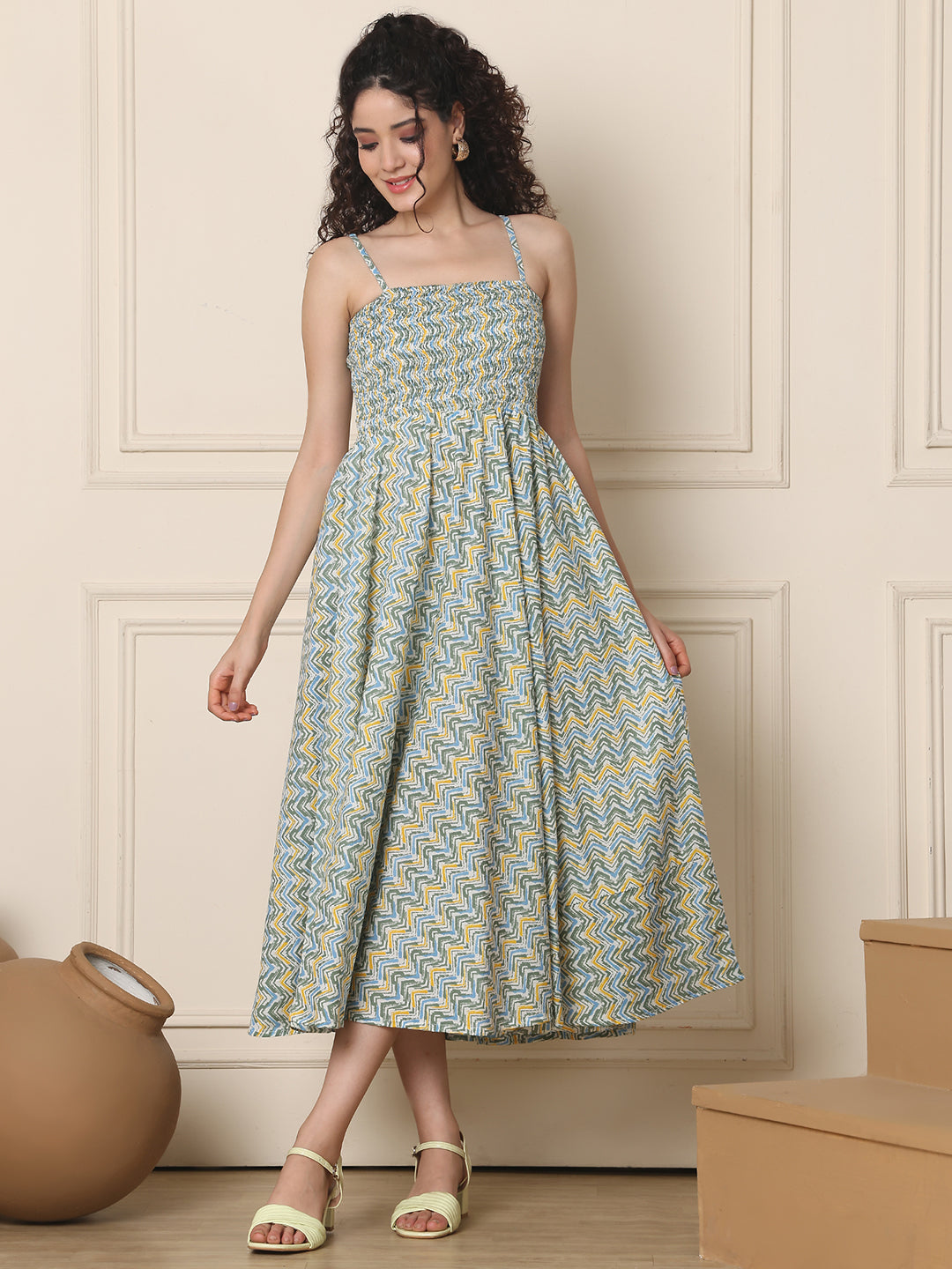 Aawari Cotton Unique Printed Spaghetti Strap Dress - Western Wear