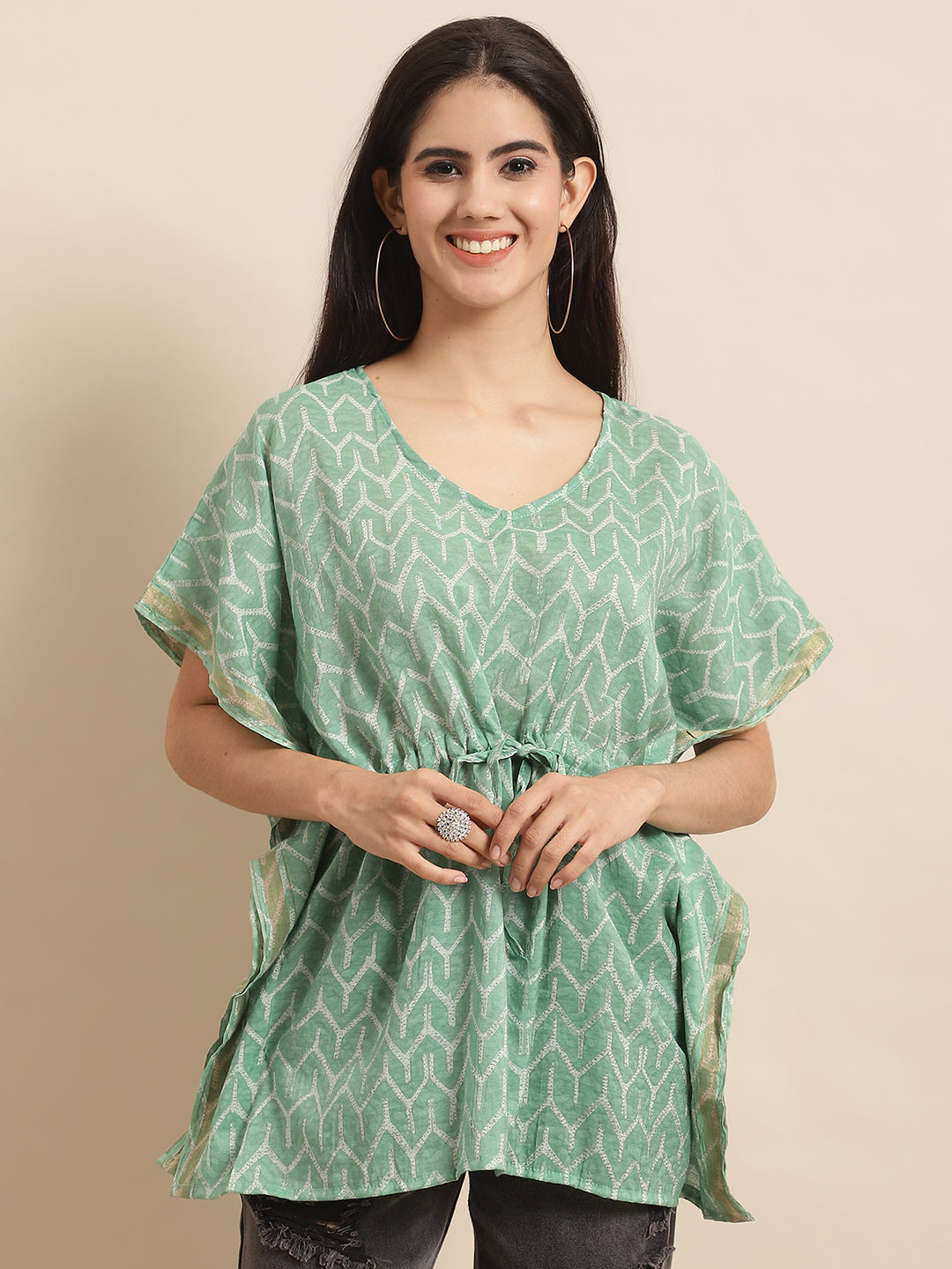 Chanderi Green Geometric Printed Kaftan Top With Bell Sleeve 