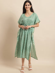 Chanderi Green Geometric Printed Tie-Up Kaftan Gown