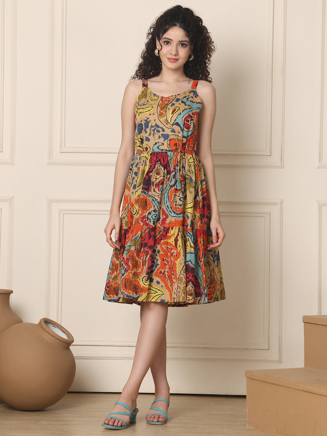 Aawari Cotton Printed Eye Catching Short Dress - Midi Dress