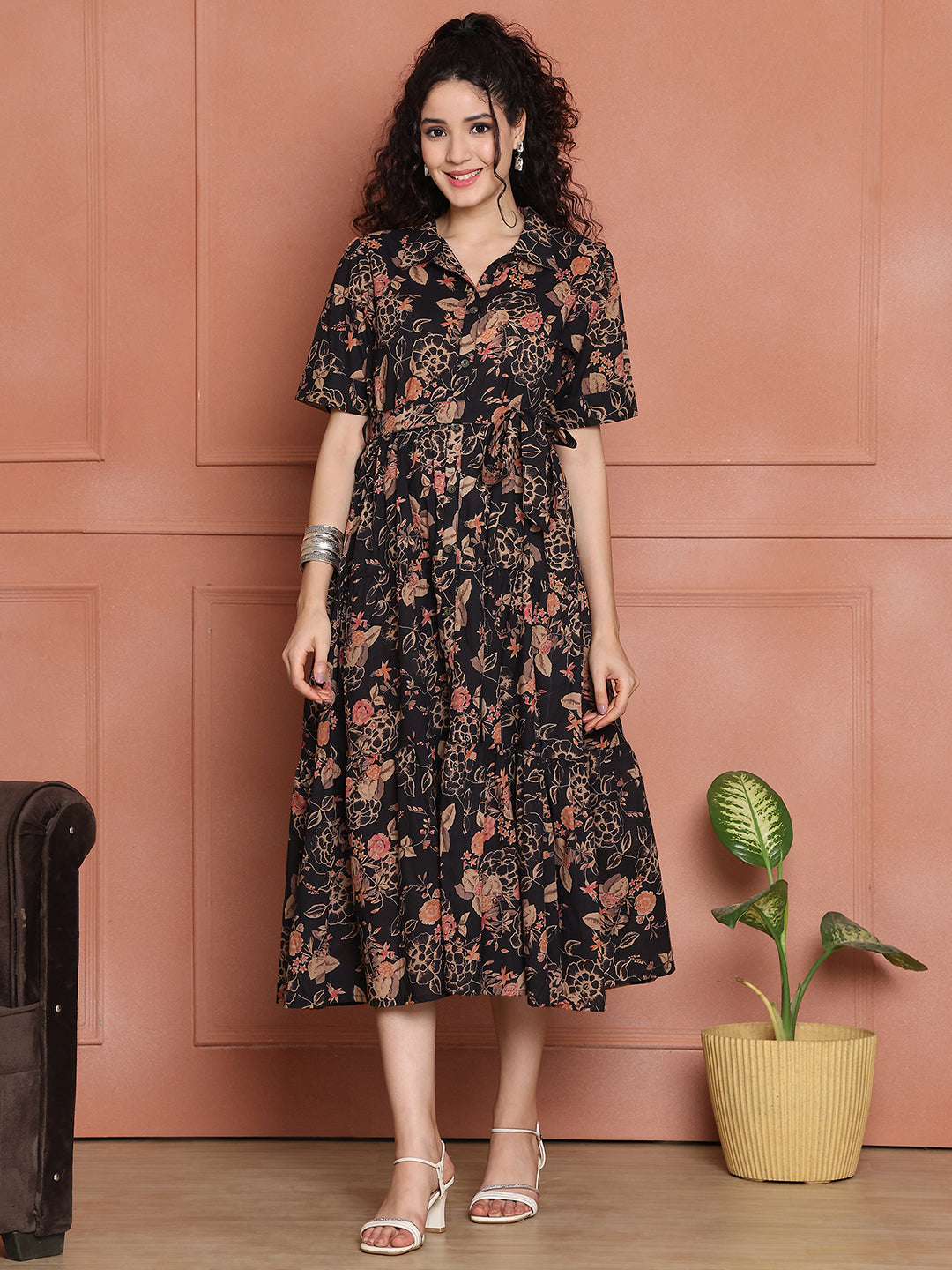 Aawari Black Floral Print Shirt Dresses With Waist Tie-Up