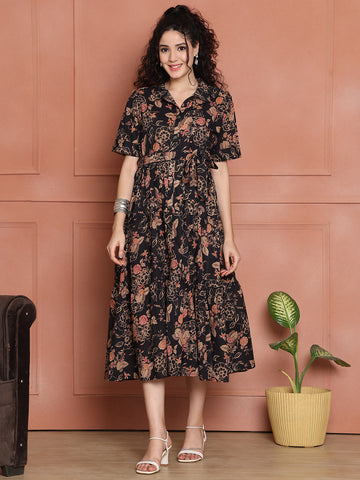 Aawari Black Floral Print Shirt Dresses With Waist Tie-Up