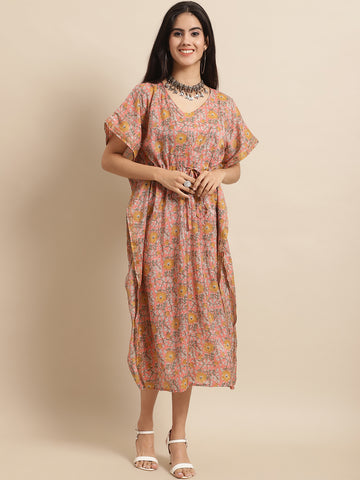 Chanderi Floral Printed Tie-Up Kaftan Gown