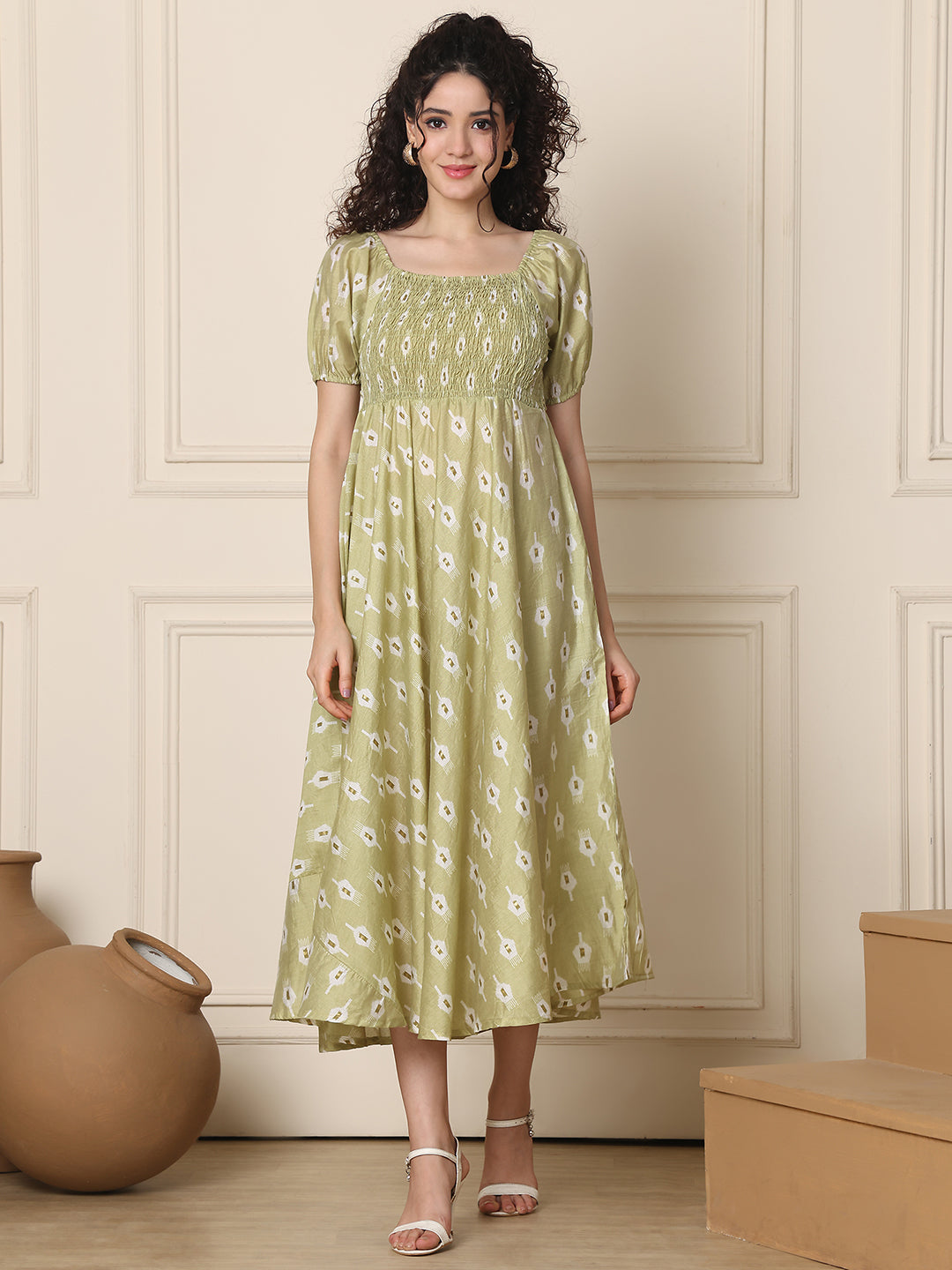 Aawari Chanderi Unique Printed Off Shoulder Dress