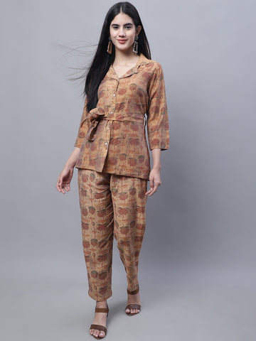 Aawari Women Chanderi Printed Shirt With Trouser