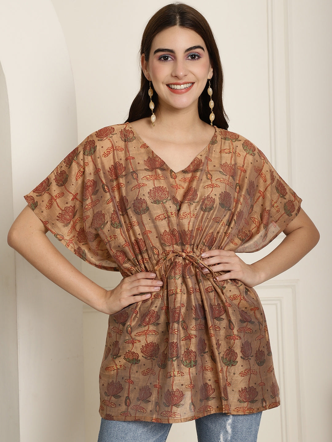 Chanderi Brown Flower Printed Kaftan Top With Bell Sleeve 