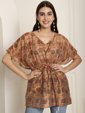 Chanderi Brown Flower Printed Kaftan Top With Bell Sleeve 