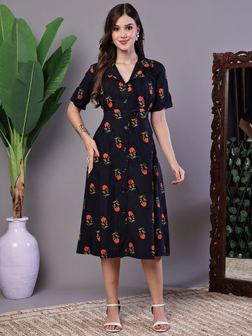 Aawari Elegant Indigo & Orange Floral Block Print Cotton Shirt Dress - Midi Dresses /  Western Wear / Dresses