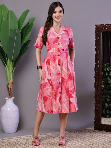 Aawari Pink Printed Cotton Midi Shirt Dress - Midi Dresses / Western Wear / Dresses