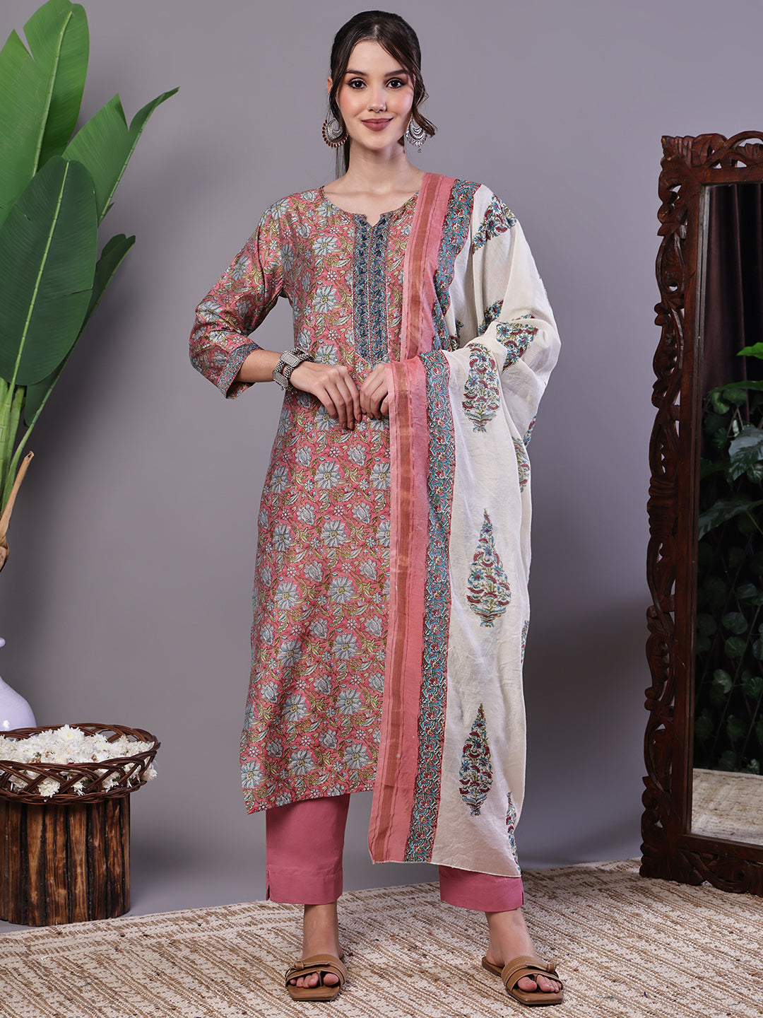 Aawari Rust Pink Chanderi Printed Kurta Set with Dupatta - Suit Sets