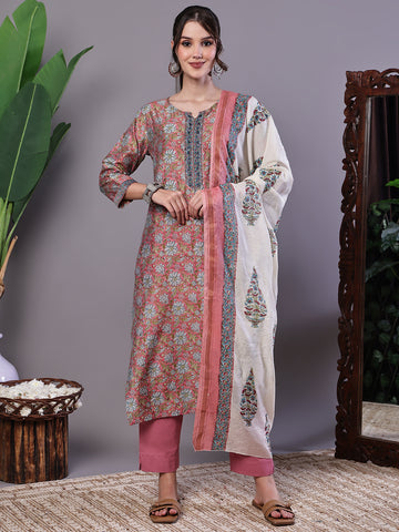 Aawari Rust Pink Chanderi Printed Kurta Set with Dupatta - Suit Sets
