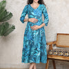 Aawari Teal Blue Cotton Maternity Dresses Leaf Print with 3/4 Sleeves