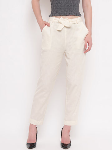 Aawari Women Cotton Solid Belt Pants