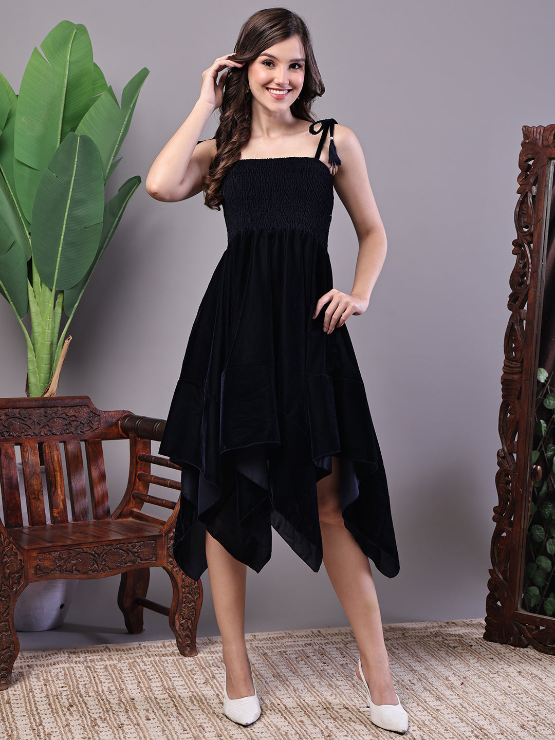 Aawari Junglee Black Velvet Party Midi Dress with Asymmetrical Hemline Midi Dresses / Western Wear