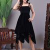 Aawari Junglee Black Velvet Party Midi Dress with Asymmetrical Hemline Midi Dresses / Western Wear