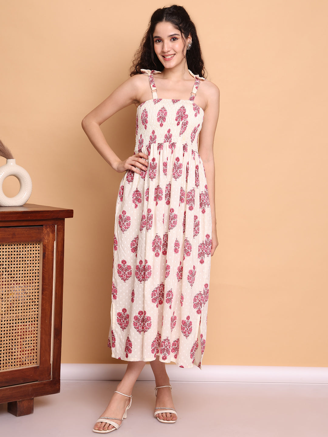 Aawari Elegant Cream & Pink Floral Printed Cotton Bobbin Gown with Tie-Up Straps for Women - Western wear
