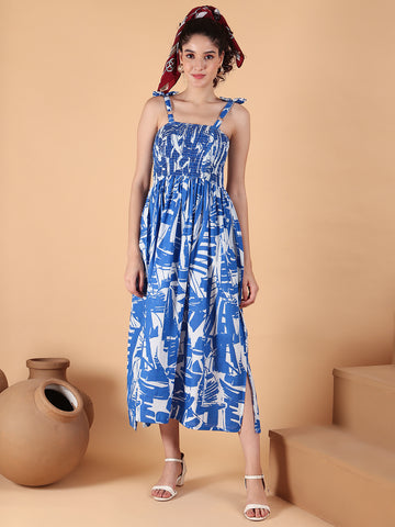 Aawari Blue & White Abstract Printed Cotton Bobbin Gown with Tie-Up Straps for Women - Western wear
