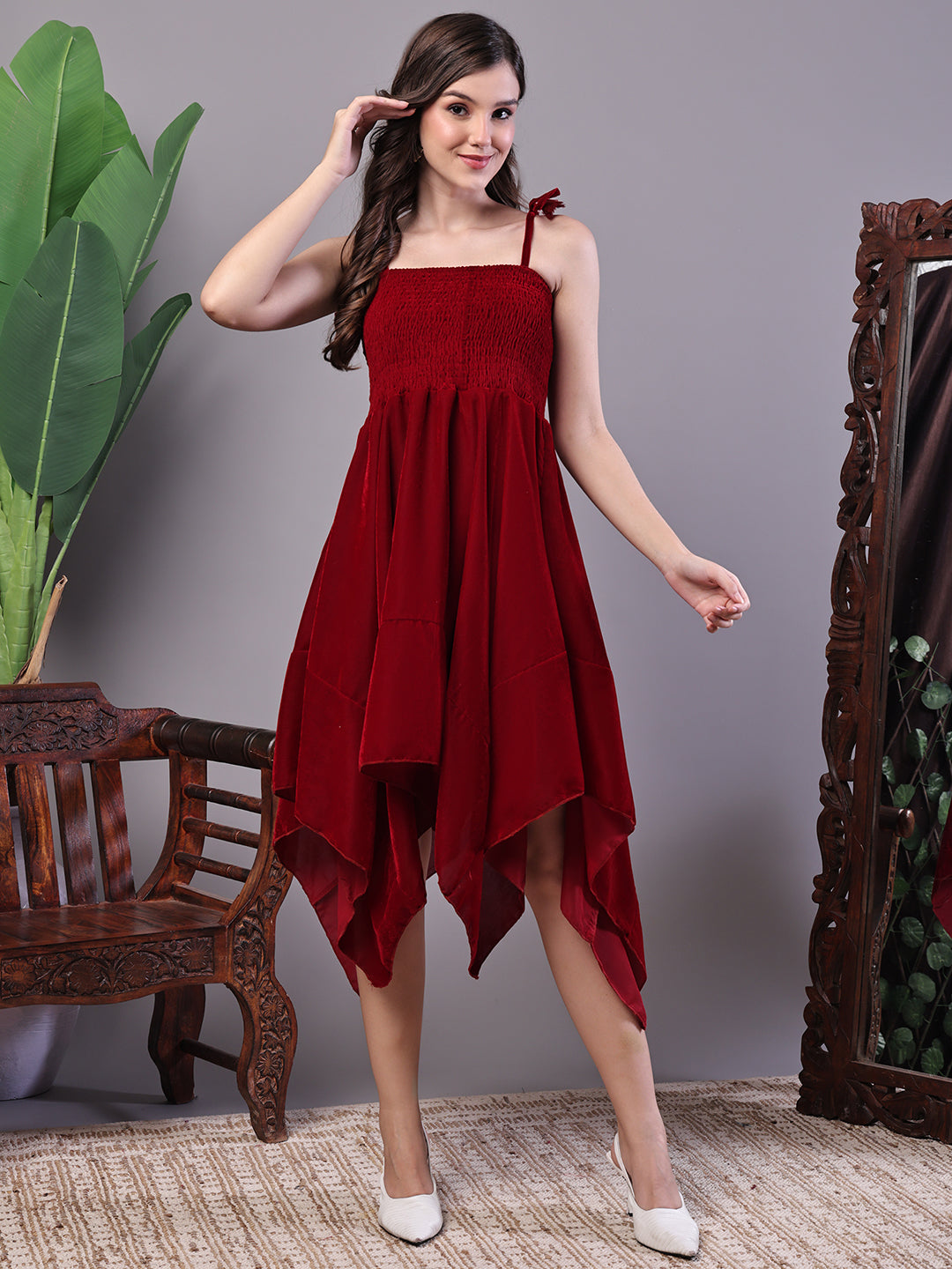 Aawari Junglee Velvet Maroon Handkerchief Hem Dress - Midi Dresses / Western Wear