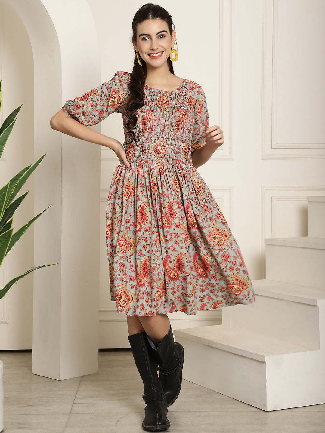 Aawari Sky Blue Printed A-Line Midi Dress With Extended Sleeves