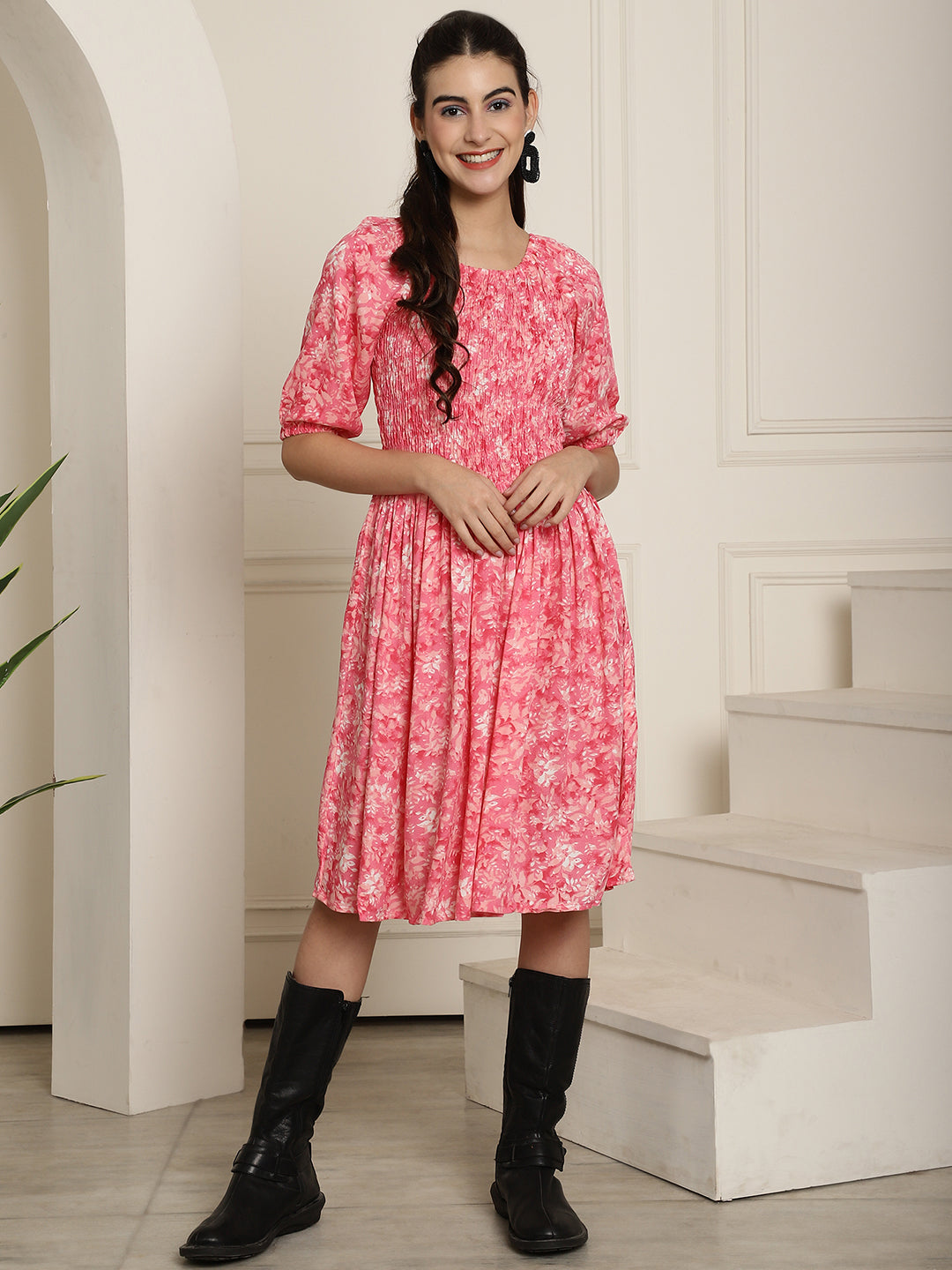 Aawari Pink Floral Printed A-Line Midi Dress With Extended Sleeves