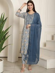 Aawari Women Printed Blue Wing Teal Three Piece Suit Set
