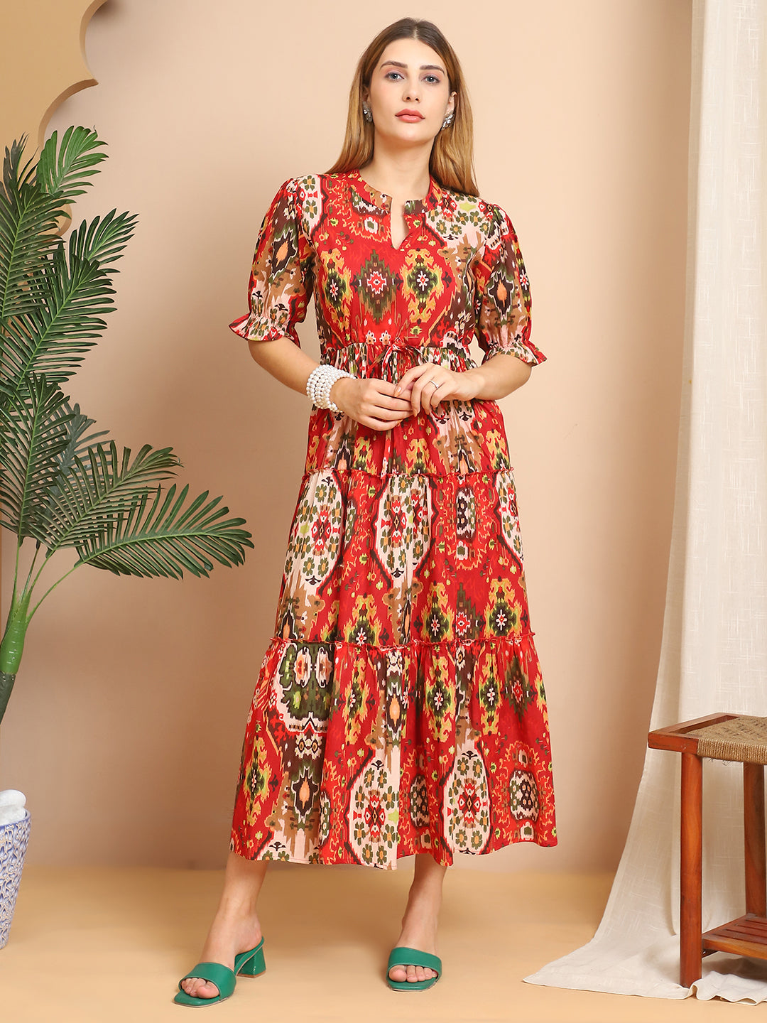 Aawari Red & Multi-Color Tribal Print Tiered Maxi Dress - Dresses / Western Wear / Maxi Dresses